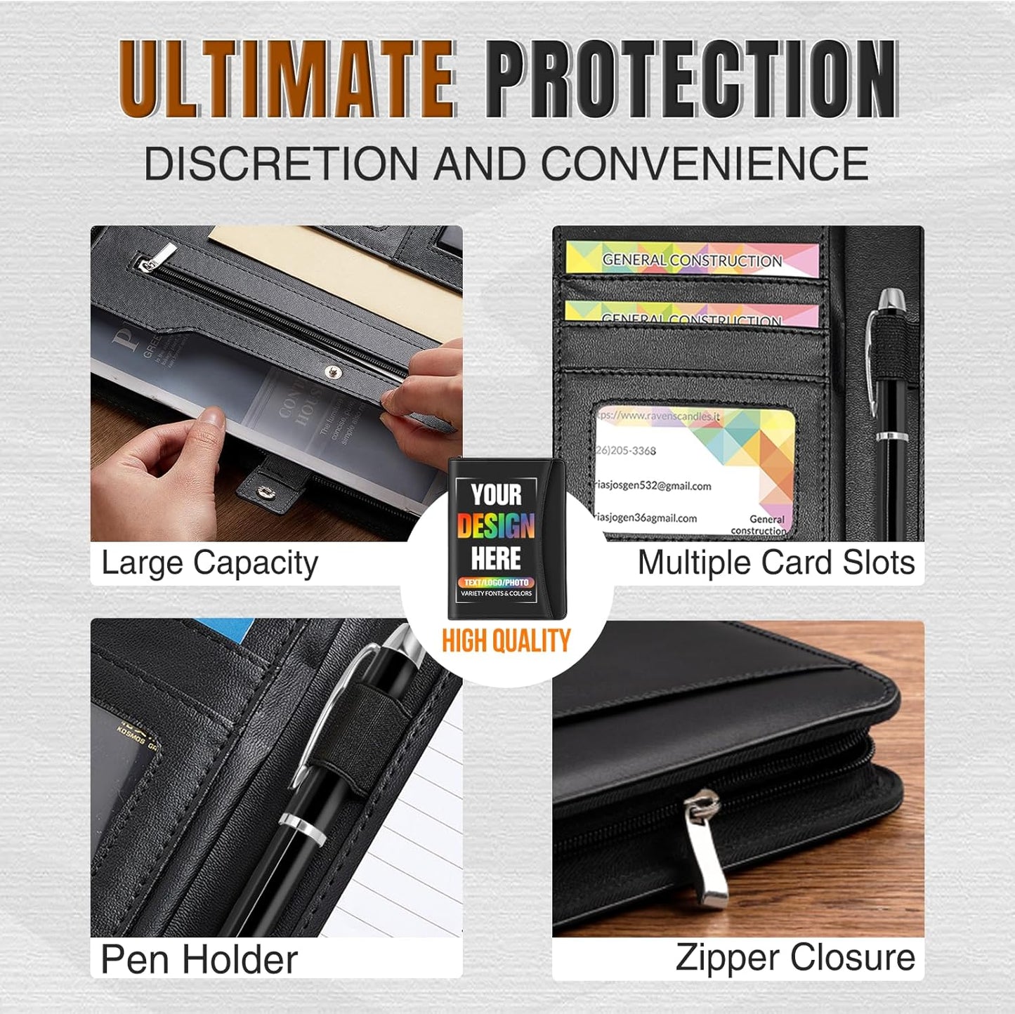 Personalized Portfolio with Zipper Logo Text Photo Custom Business Leather Folder Organizer with Clipboard Card Binder for Men Women Customized Padfolio for Gift Resume Interview Case Office