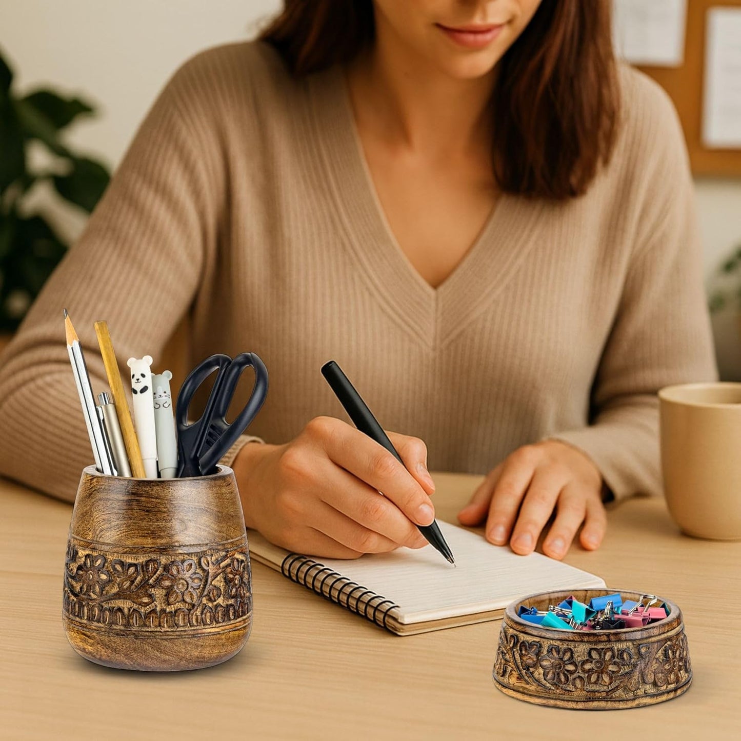 Mie Creations Wooden Desk Organizer Set of 2 Pen Holder, Paper Clip Storage, Office Desktop Table Decor, Floral Rustic Wood Pencil Cup & Paperclips Dispenser, Aesthetic Desk Accessories For Women, Men