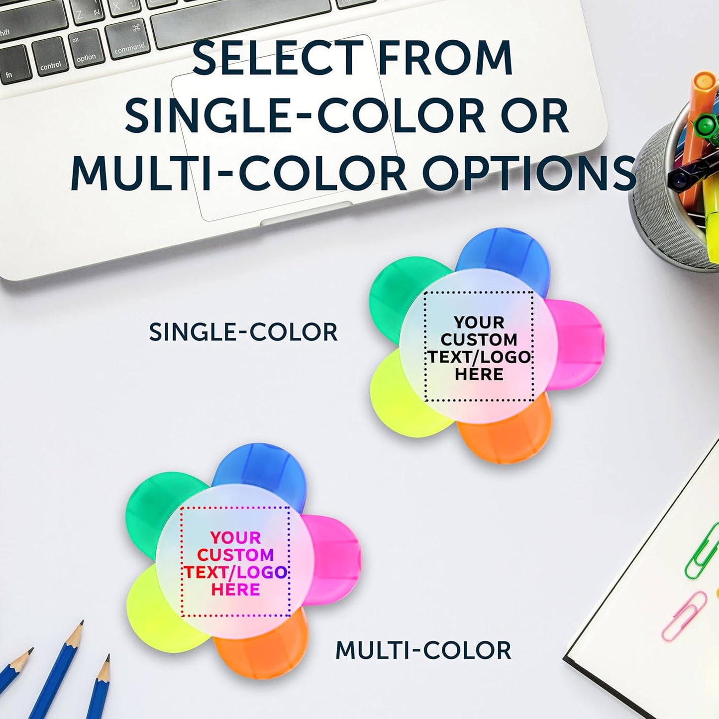 DISCOUNT PROMOS Custom Highlighters Set of 10/50/100, Personalized Bulk Pack Durable Chisel Tip Textbook Highlighters Handy and Easy to Store - Flower