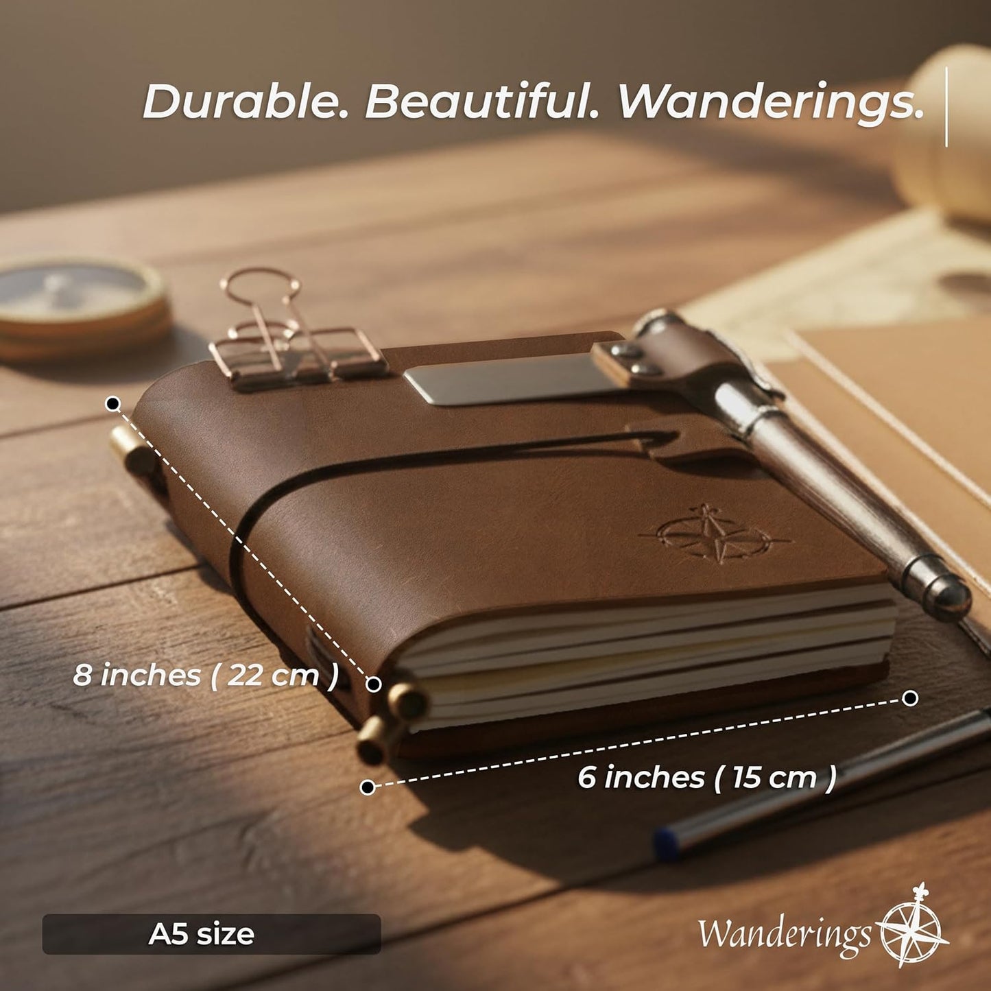 WANDERINGS A5 Travelers Notebook/Handcrafted Genuine Leather Journal - 6"x8.5"/15cmx22cm Refillable Travel Journal with Pen Holder, Pen, 2 extra Ink Refills, PVC Folder, Binder Clip