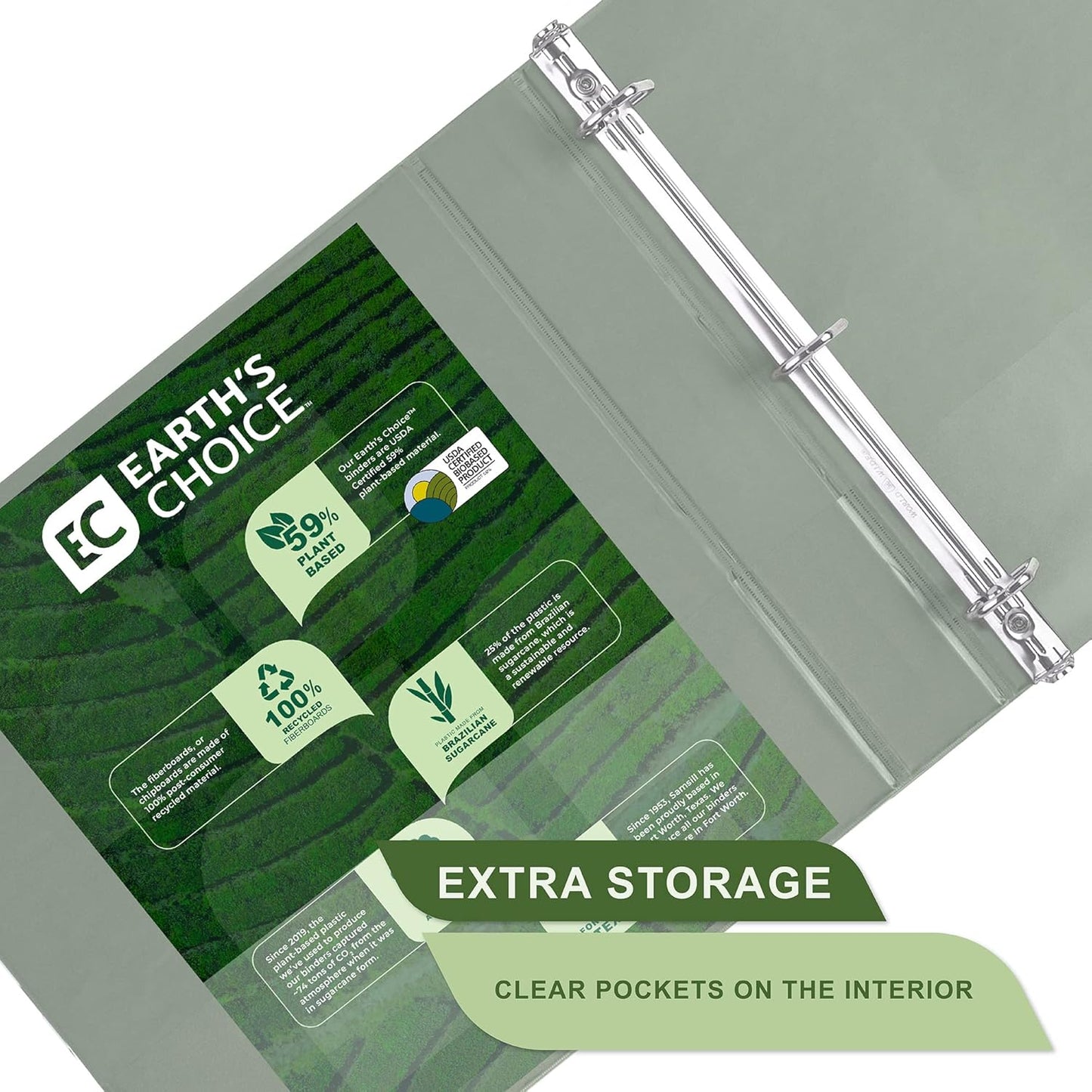 Samsill Plant-Based 1.5 Inch Durable D-Ring, Made in USA, View Binder, Eco-Friendly, USDA Certified Biobased, 2 Pack, Sage Green