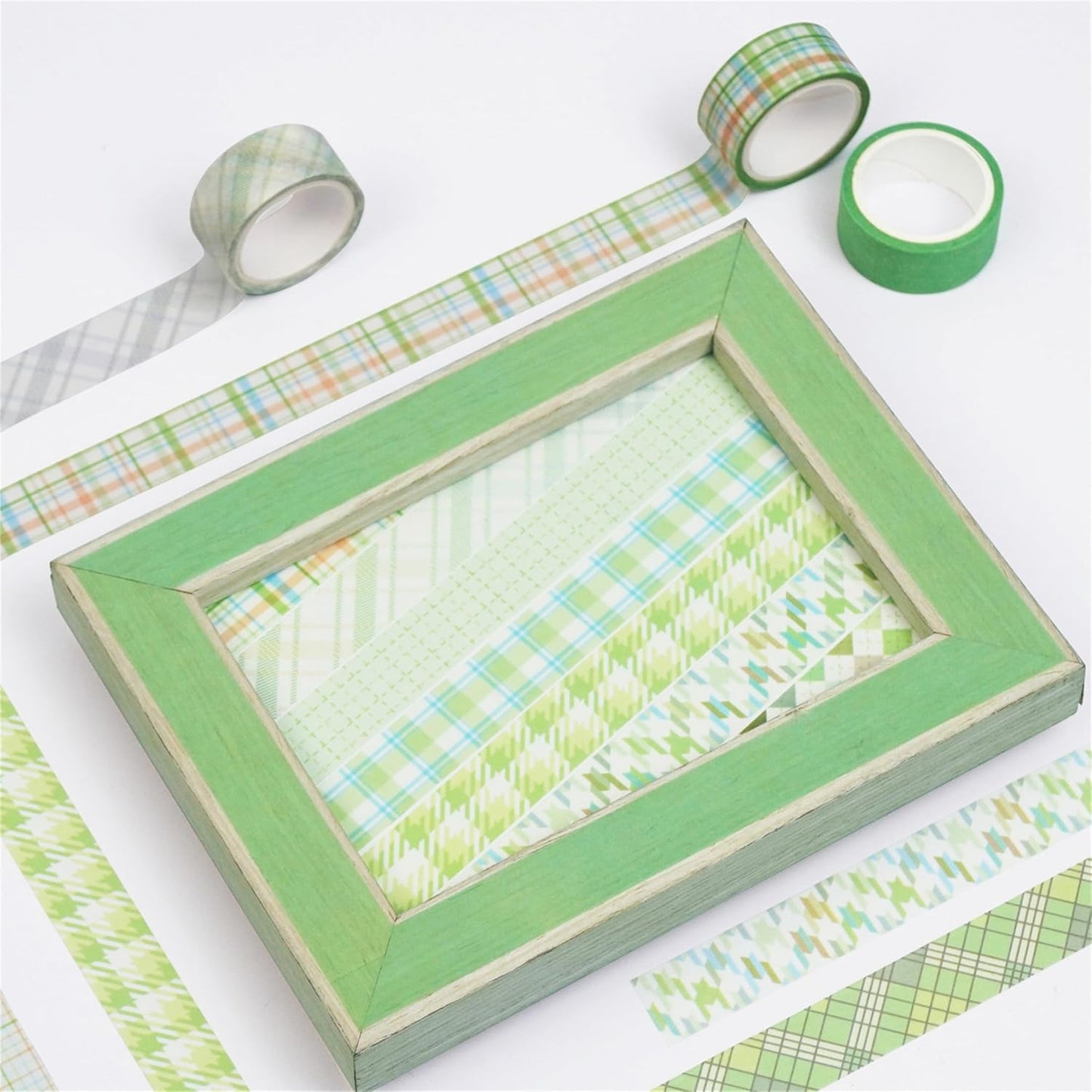 YUBX Basic Grid Washi Tape Set 12 Rolls Plaid Decorative Masking Tapes for Arts, DIY Crafts, Journals, Planners, Scrapbook, Wrapping (Green)
