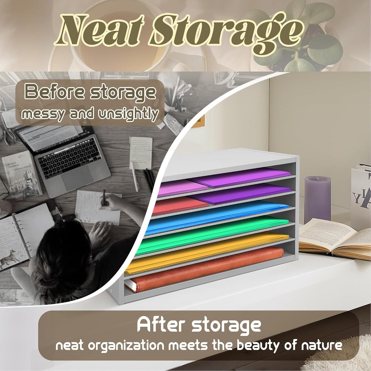 PROLEE Construction Paper Organizer 20" x 13.5" x12.2",Soild Wooden Paper Organizer with 6-Tier Letter Trays, Desktop File Papers Sorter for Home, Classroom and Office (Gray)