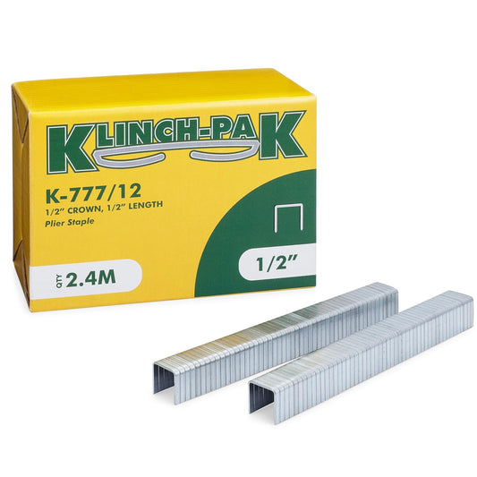 K-777/12, 1/2" Leg x 1/2" Wide Crown Heavy-Duty Galvanized Plier Staples, 2400 Per Package, for stapling Trays, Lids, Bags, Header Cards, Fastening End Caps and Container Inserts