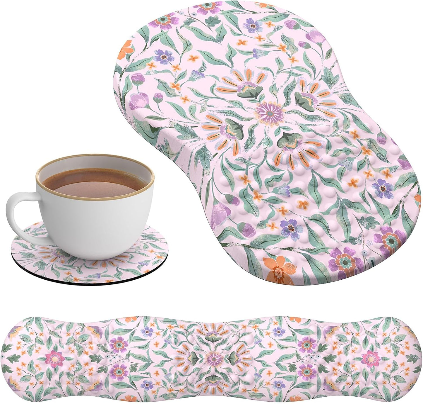 HAOCOO Mouse Pad with Wrist Rest Set, 3-in-1 Wrist Support Set, Floral Gaming Mousepad with Anti-Slip Base, Ergonomic Mouse Pad, Memory Foam Keyboard Gel Wrist Rest(Purple)