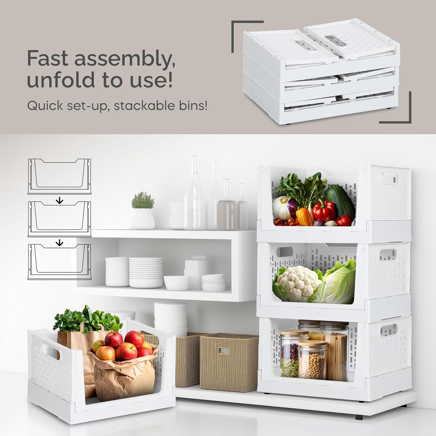 TidyFriend Stackable Storage Bins with Wheels, 3 Pack Foldable Storage Bins Box, Plastic Shelves Drawer Organizer Container for Closet Office Bedroom Kitchen Bathroom (Ivory)