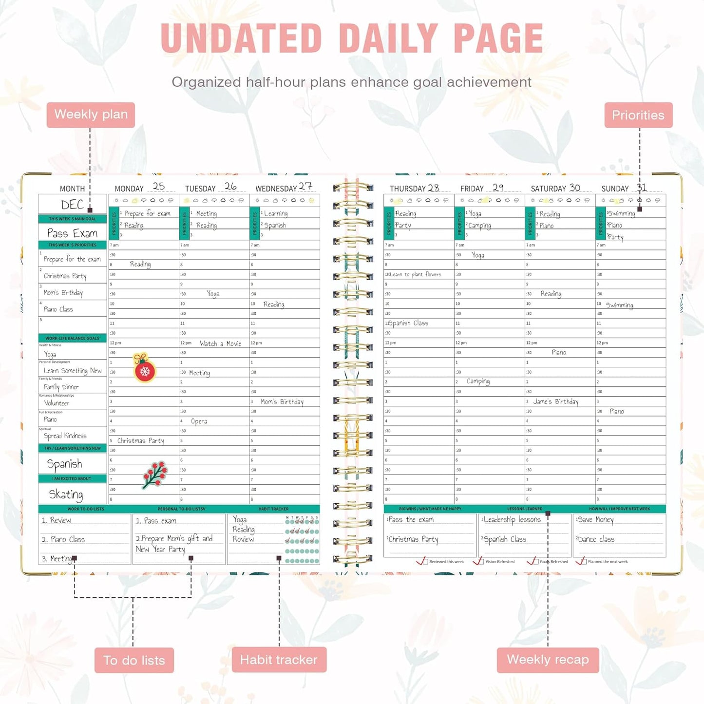 Ospelelf Undated Spiral Bound Planner 2025 2026 Daily, Weekly and Monthly Planners, Pink Teacher Planner 12 Month 8.5 x 11