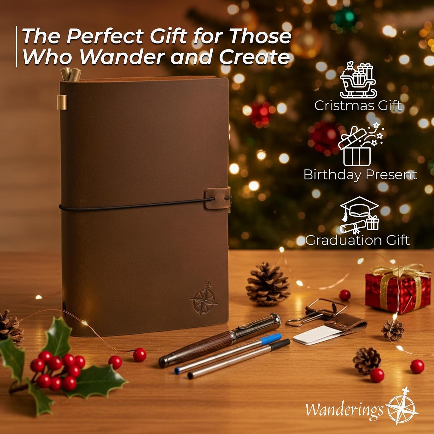 WANDERINGS A5 Travelers Notebook/Handcrafted Genuine Leather Journal - 6"x8.5"/15cmx22cm Refillable Travel Journal with Pen Holder, Pen, 2 extra Ink Refills, PVC Folder, Binder Clip