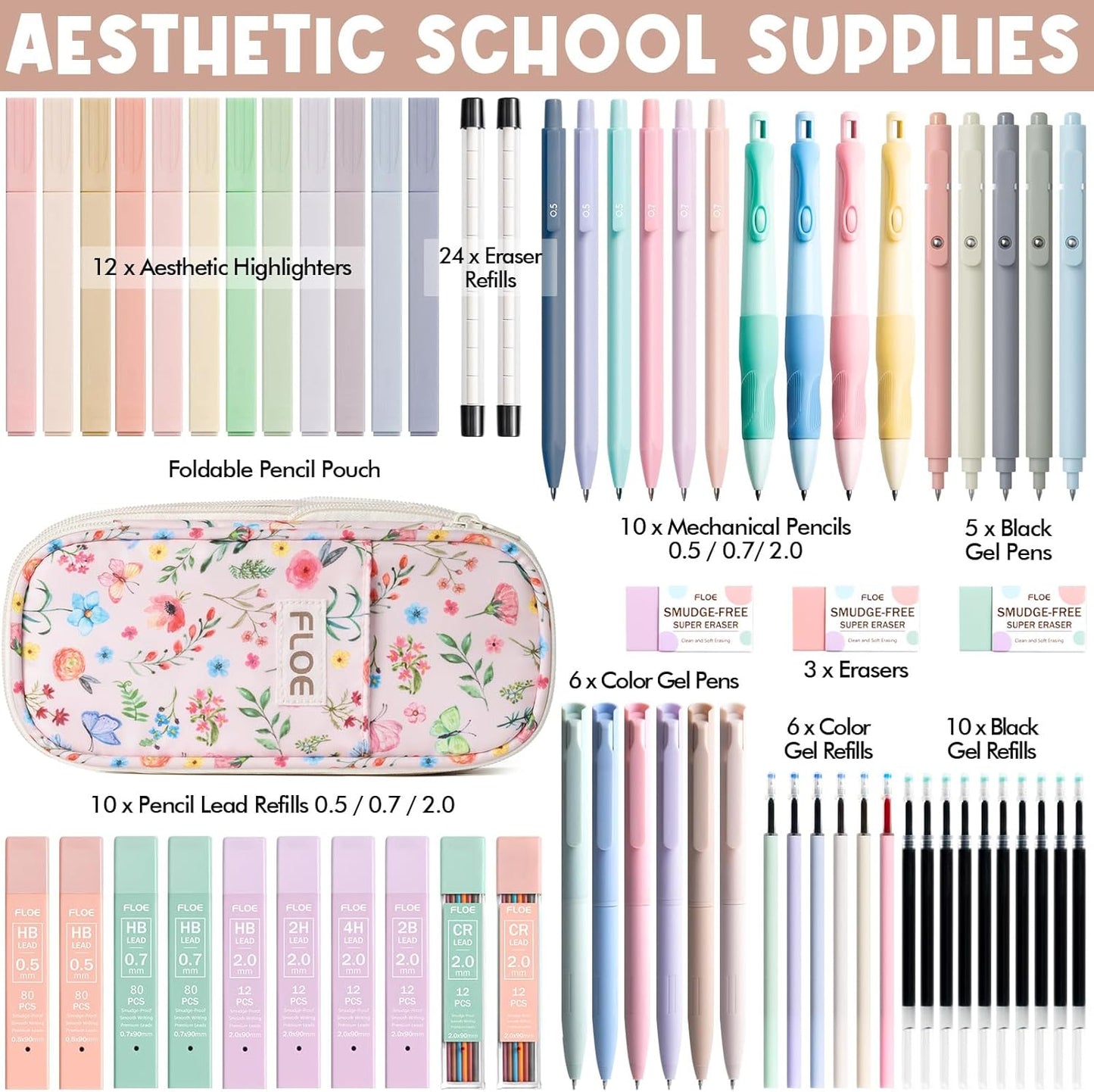 65PCS Aesthetic School Supplies with Cute Pencil Case, Pastel Highlighters Gel Pens Mechanical Pencils Set 0.5 0.7 & 2.0mm, Office Back to School Supplies College Essentials Kit Student Stationary Set