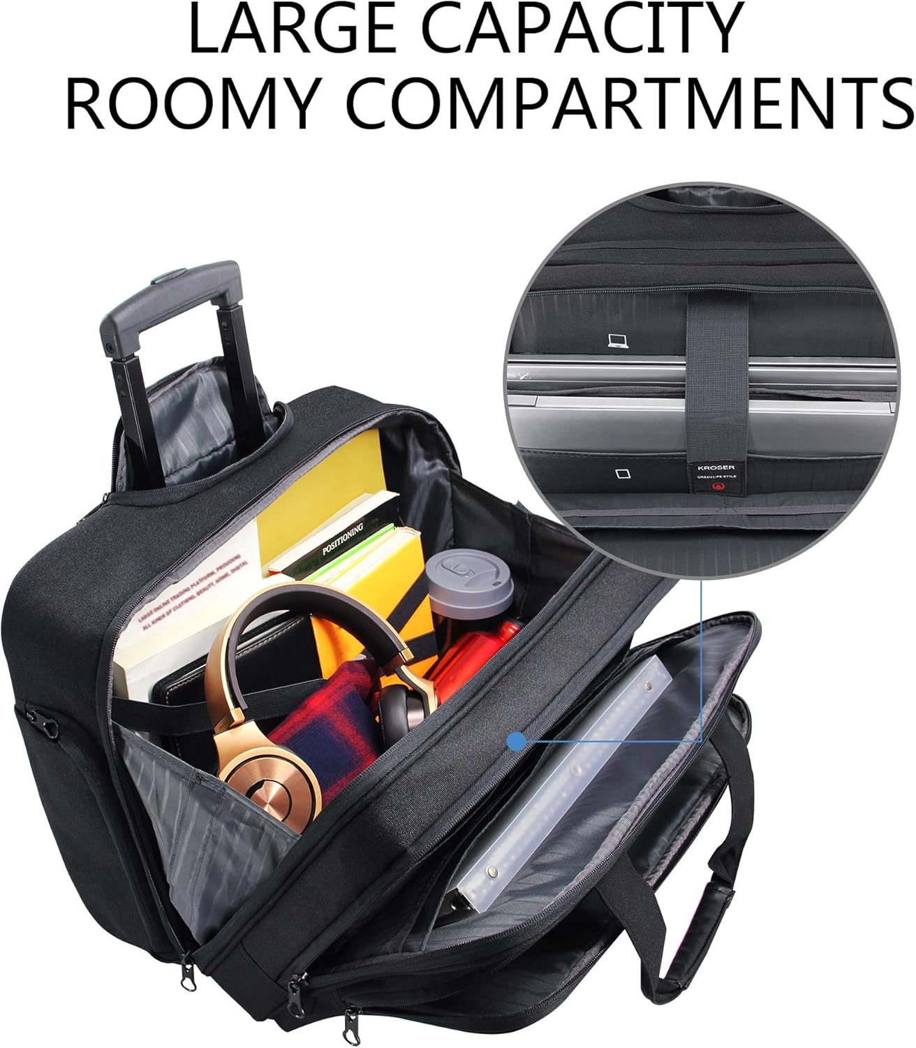 KROSER Rolling Laptop Bag Premium Wheeled Briefcase Fits Up to 17.3 Inch Laptop Overnight Roller Case Computer Bag with RFID Pockets for Travel/Business/Men/Women-Black