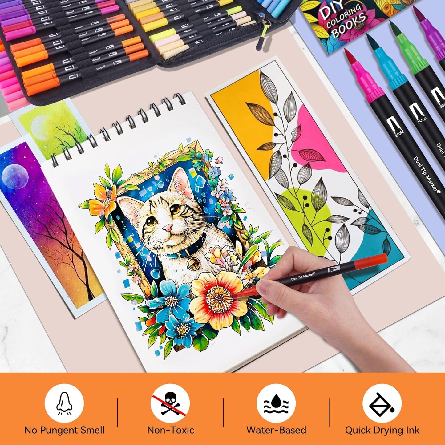 Dual Markers Brush Pens for Adult Coloring Books, 72 Colors Art Marker Set with Fine & Brush Tip Pen for Bullet Journaling, Coloring, Drawing, Hand Lettering, Calligraphy, Art Supplies
