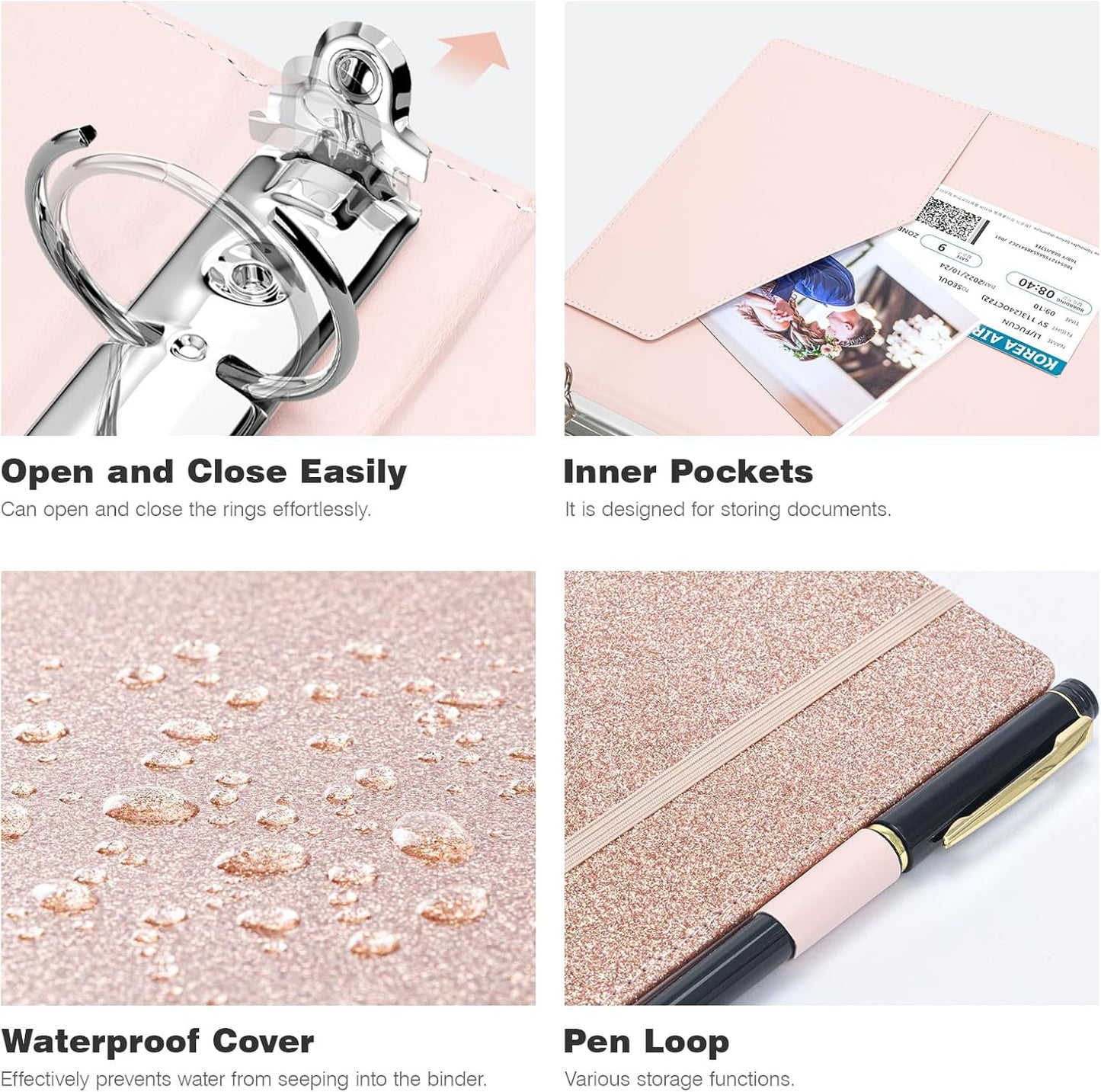 Ospelelf 3 Ring Binder 1 Inch, Vintage Leather Clipboard Binder Organizer for Letter Size (8.5" x 11"), Professional Binder Organizer Dividers with 5 Tabs, Rose Gold