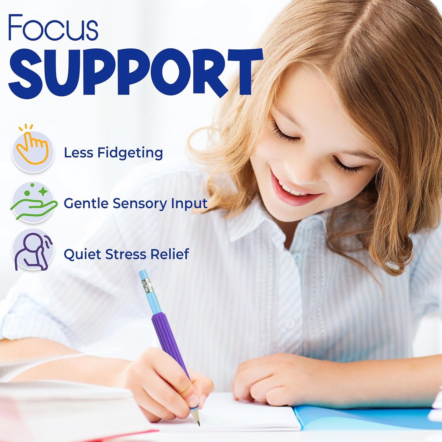 Pencil Grips for Kids & Adults, ADHD Tools for Kids - Sensory Fidget Sleeves for Focus, Calm & Anxiety Relief, Quiet Classroom & Travel Fidget Tool for Fine Motor Skills - 4 Pack & 2 Pencils