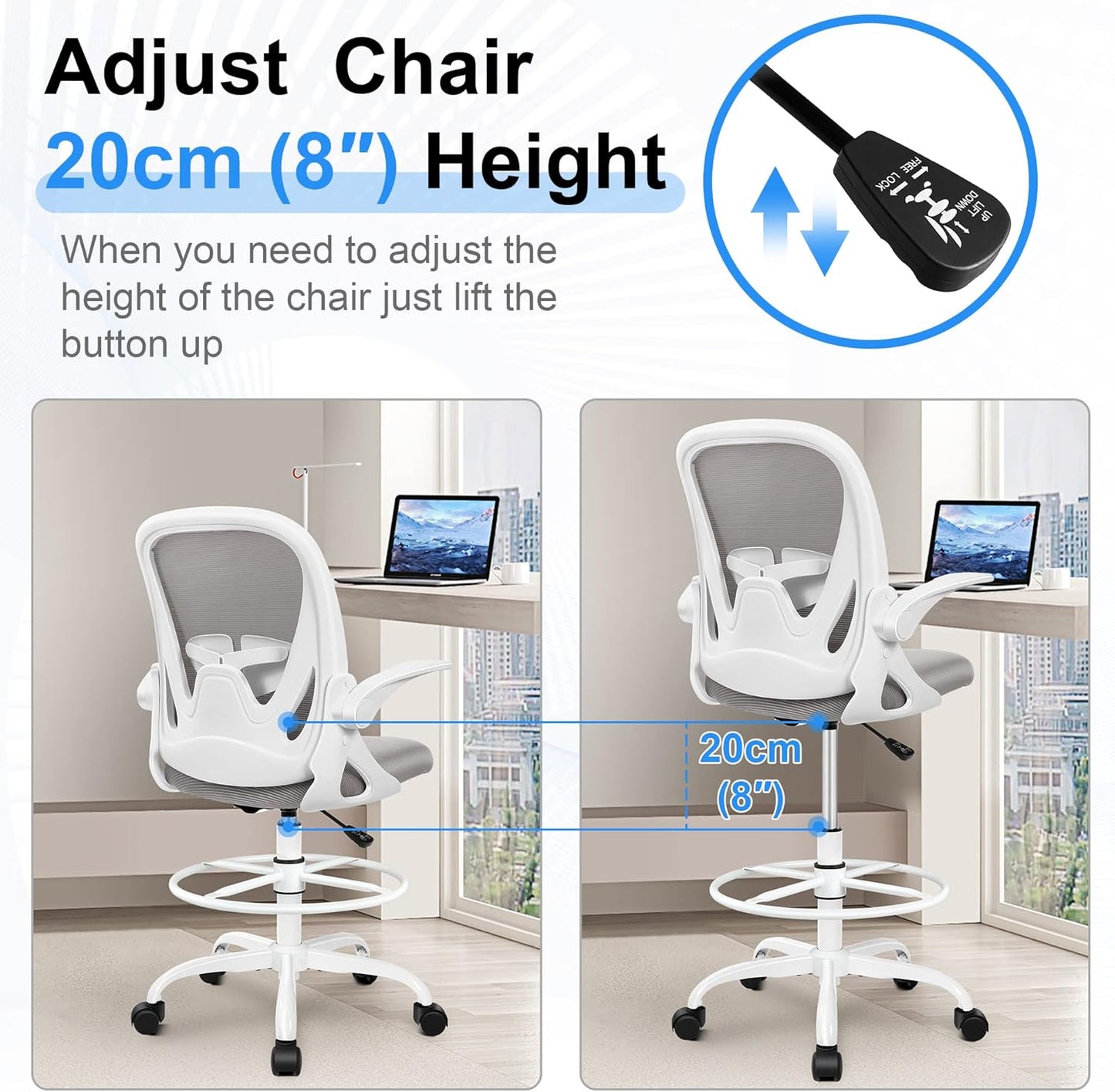 Primy Ergonomic Drafting Chair with Flip-up Armrests Tall Office Chair for Standing Desk Comfortable Desk Chair with Adjustable Footrest Ring and Lumbar Support in Gray Perfect for Home and Office Use