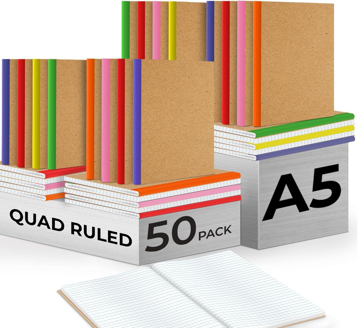 Rosmonde 50 Pack Bulk Graph Paper Composition Notebook, 120 Pages (60 Sheets), Bulk Quad Ruled, Kraft Cover Notebook, A5 Paper, Graph Notebooks, Grid A5 Notebooks, Assorted Rainbow Spines
