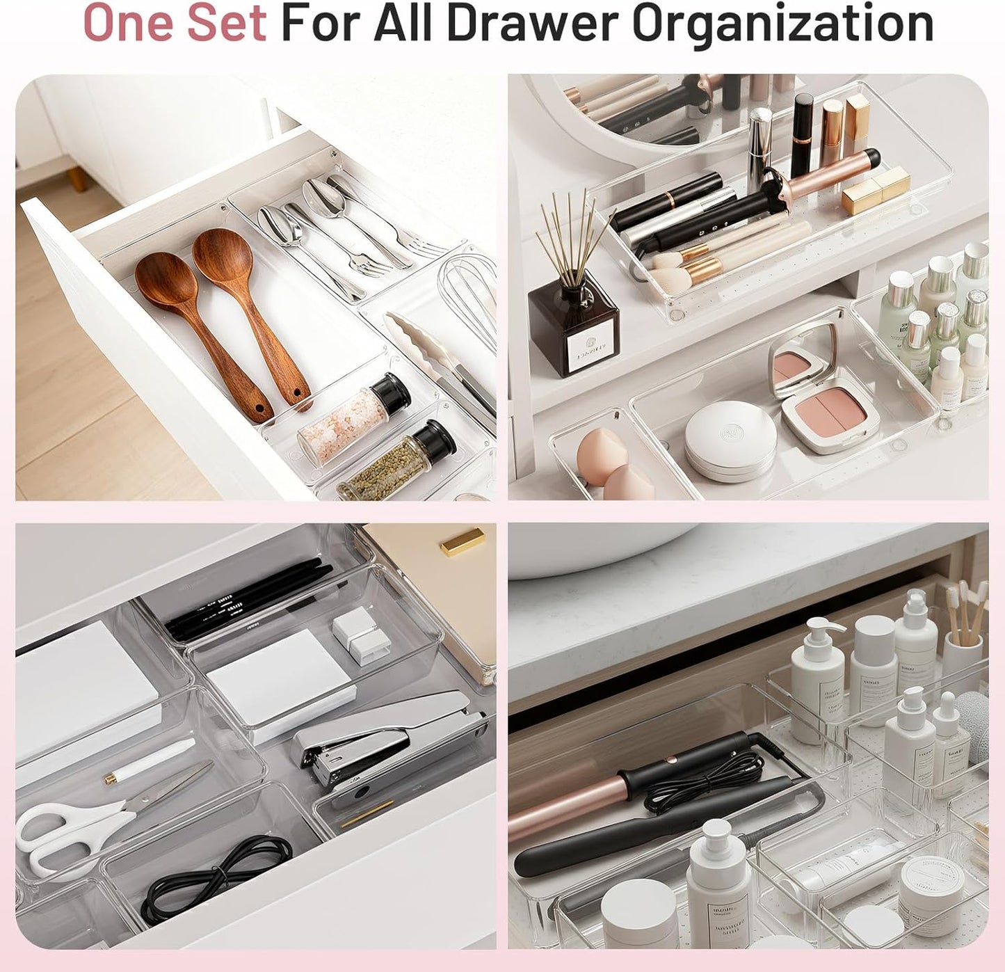 8 Pack Large Clear Plastic Drawer Organizer Bins - Acrylic Bathroom Drawer Organizer Trays - Heavy Duty Kitchen Drawer Dividers for Utensils - Non-Slip Storage Bins for Makeup, Bedroom, Office Desk