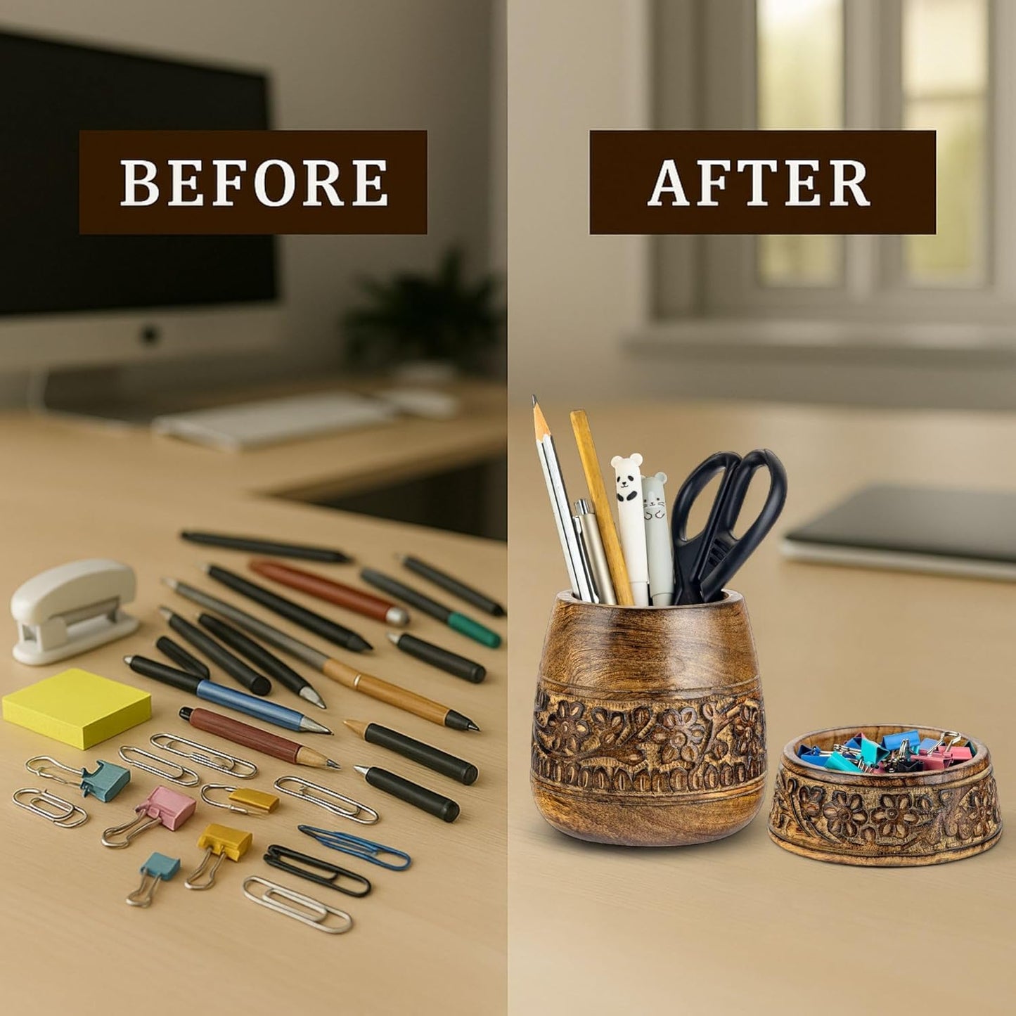 Mie Creations Wooden Desk Organizer Set of 2 Pen Holder, Paper Clip Storage, Office Desktop Table Decor, Floral Rustic Wood Pencil Cup & Paperclips Dispenser, Aesthetic Desk Accessories For Women, Men