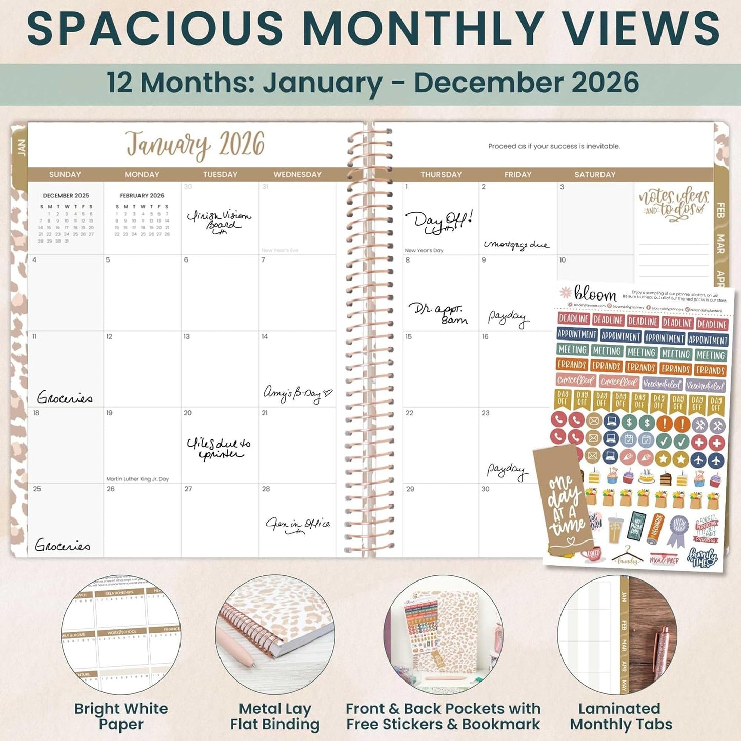 bloom daily planners 2026 Planner (January to December) - 8.5” x 11” Weekly & Monthly Dated Agenda Organizer Book with Stickers & Tabs - Flexible Soft Cover - Tan Leopard