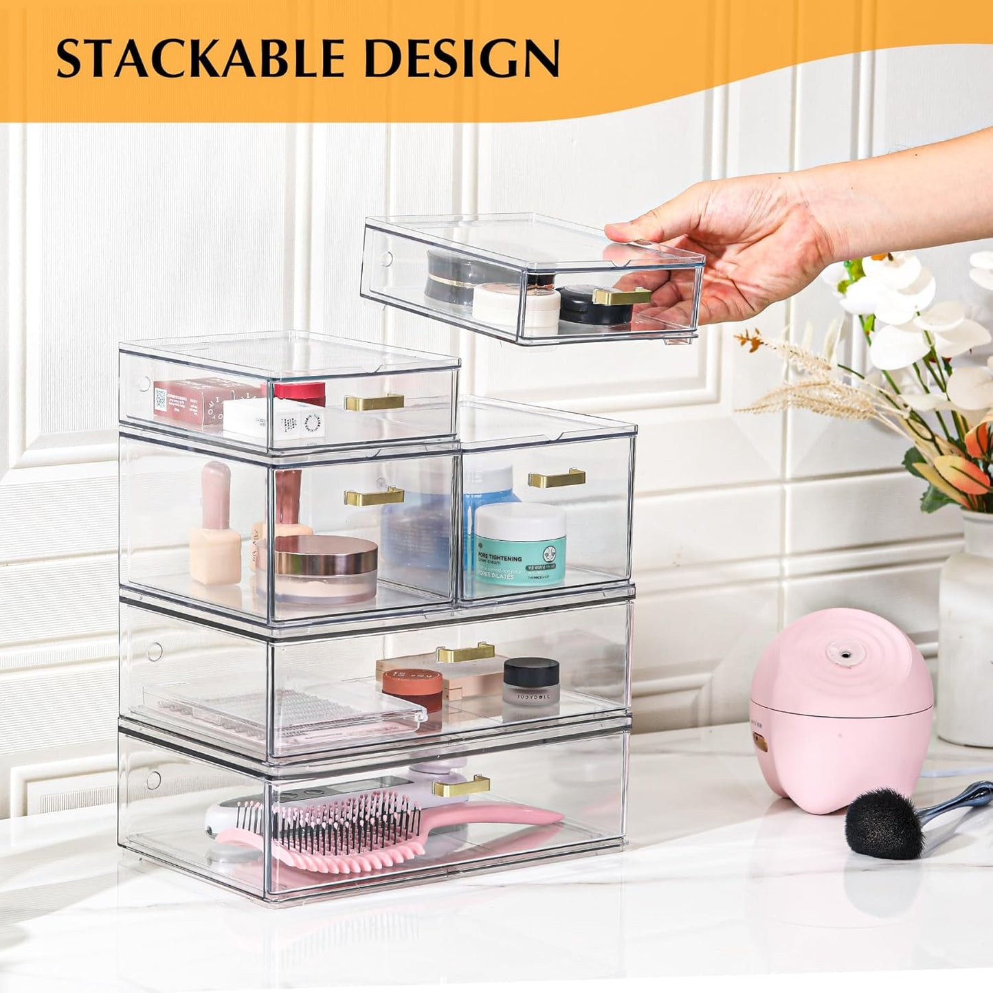 Stackable Storage Drawers, 6 Pack Clear Acrylic Organizer Bins with Golden Handles, Multi-Size Plastic Drawers for Makeup, Vanity, Kitchen, Bathroom, Office, Under Sink & Cabinet Organizatio