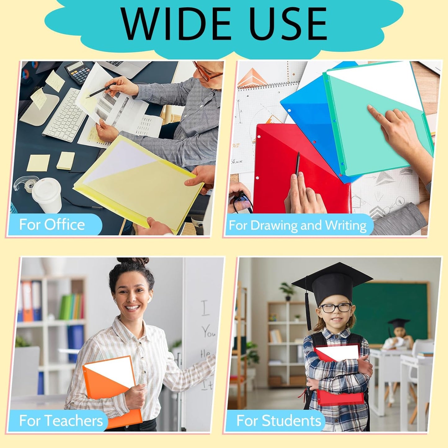 Maitys 50 Pack Binder Pockets 3 Hole Punch Clear Plastic Document Folders Binder Organizer Store Letter Size 8.5x11 Inch Paper Folders with Pockets Slash File Jacket for Office (Bright Colors)