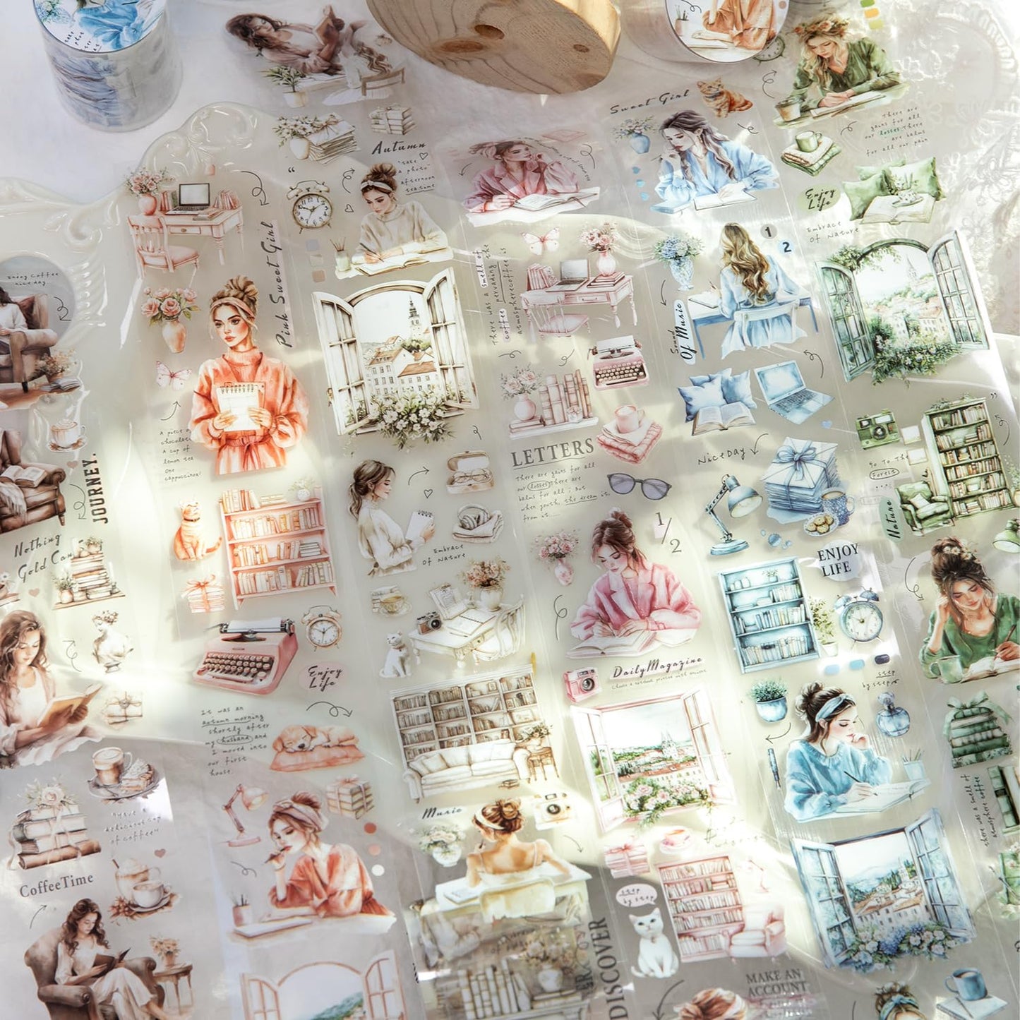 Alideco 6pcs Decorative Adhesive Tapes Vintage Literary Girl Read Home Life PET Tape Great for Bullet Journal Supplies, Arts, Scrapbook, DIY Crafts, Planners (xiaoqishiguang)