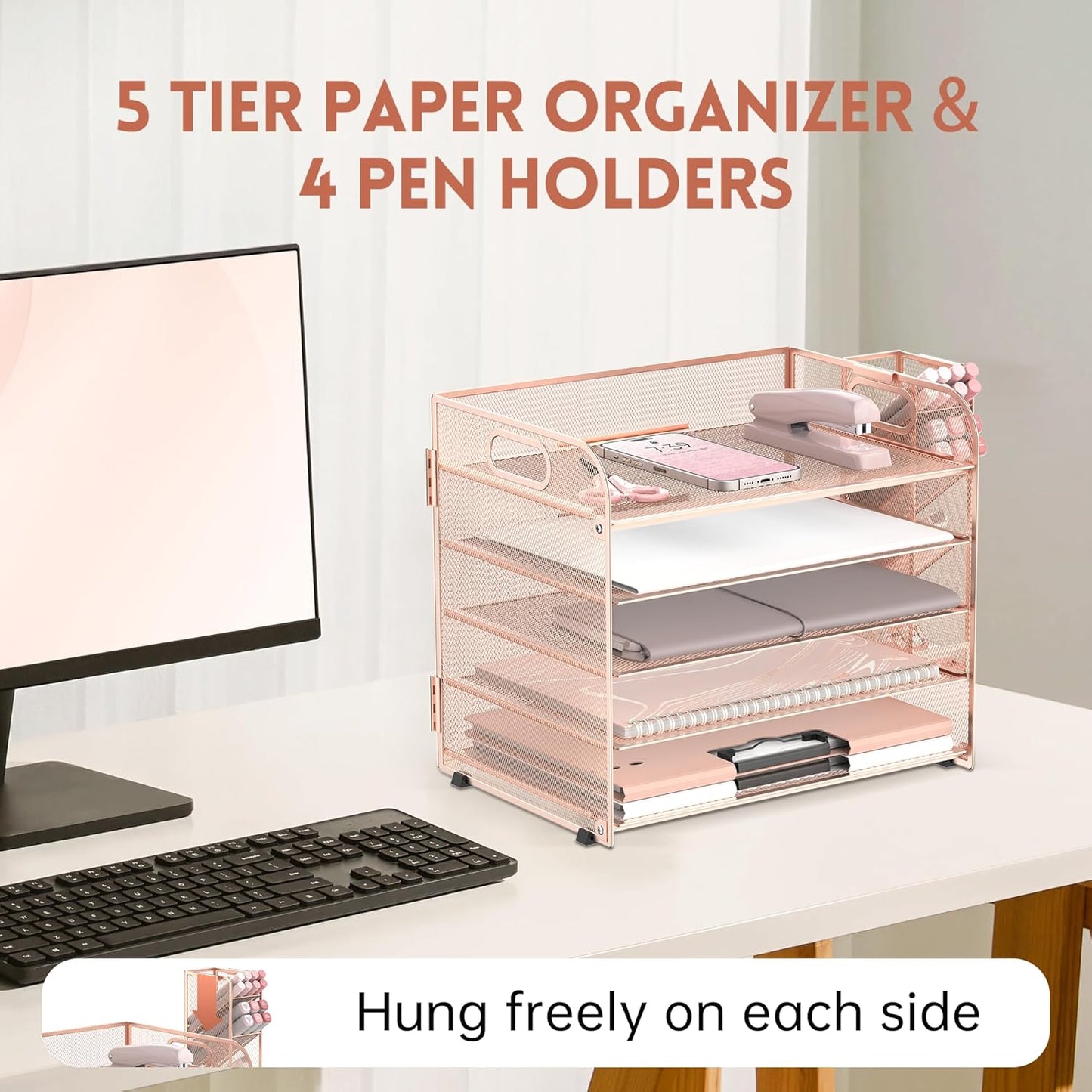 SUPEASY 5 Tier Desk Organizer with Handle & Removable Pen Holders, Mesh Paper/File Organizer for Office Supplies, Rose Gold