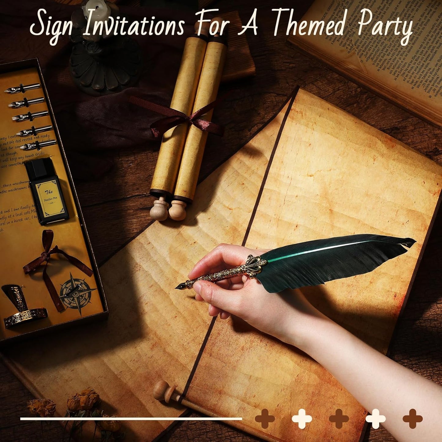 Epakh 2 Blank Scroll Paper with Wood Rods and 1 Feather Pen Set Vintage Christmas Scroll Prop Calligraphy Quill Pen with Nibs Inkwell Stand for Nice List Wedding Vows Writing Cosplay Prop Invitation