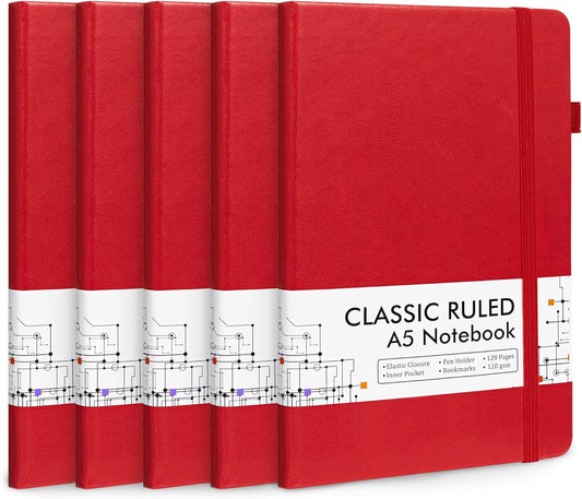 5 Pack Journal Notebook Bulk for School, Feela Hardcover Business Notebooks Classic Ruled Lined Journals with Pen Holder for Work Note Taking, with 5 Black Pens, 120 GSM, 5.1”x8.3”, A5, Red