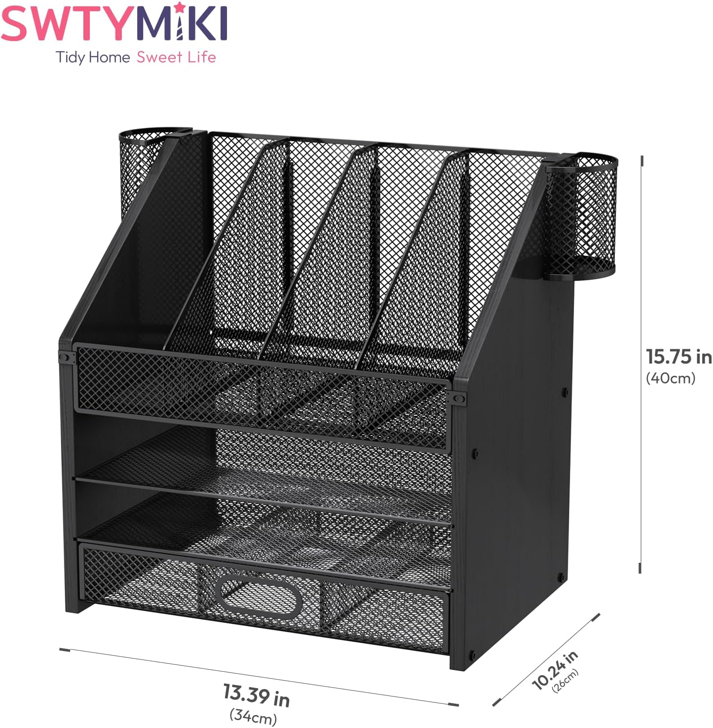 SWTYMIKI Desk Organizer with Drawers - Mesh and Wood Desk File Organizer with Pen Holders, 4-Tier Paper Organizer for Office Organizer and Accessorie, School and Home Storage, Black