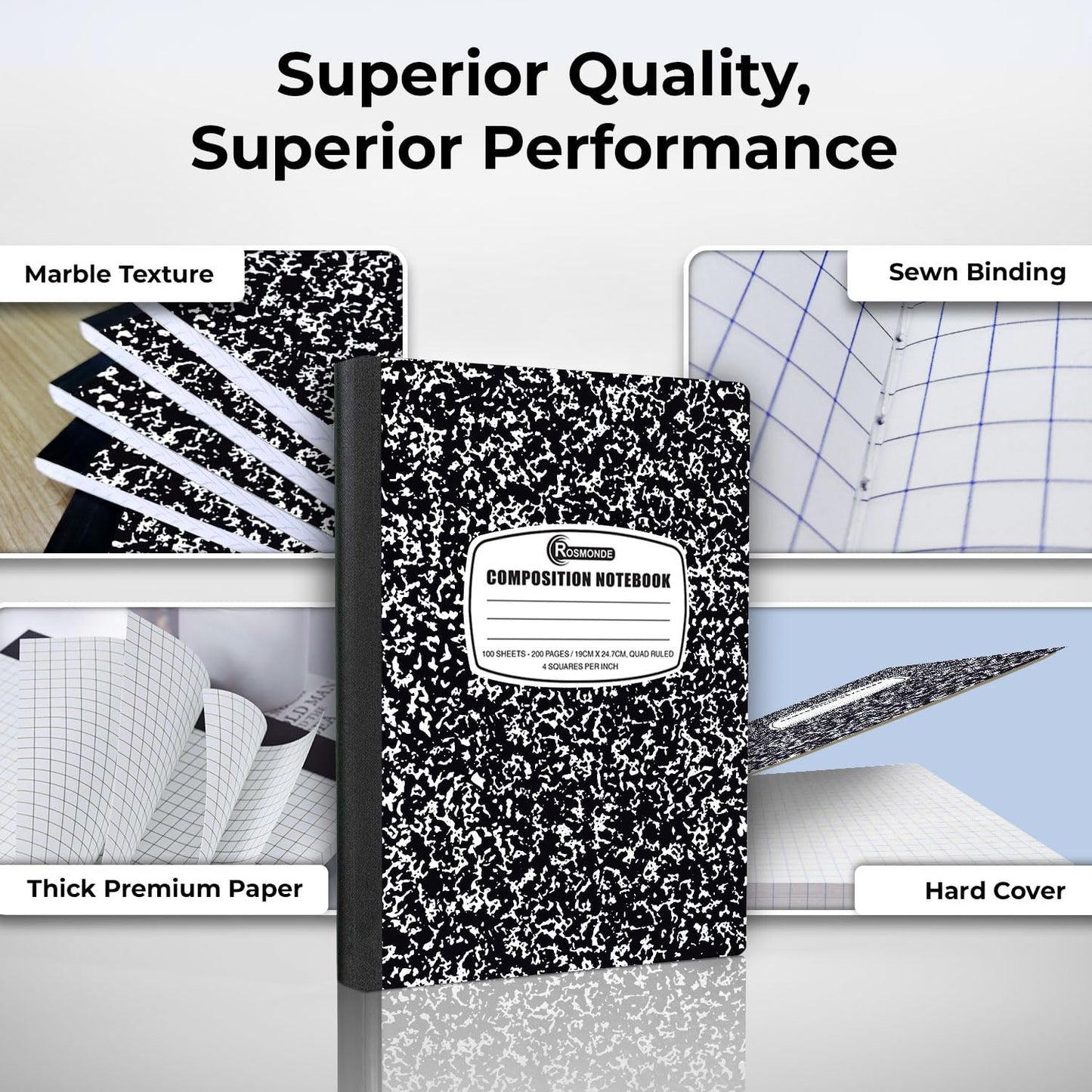 Rosmonde 2000 Pack (Pallet) Composition Notebooks Bulk, Quad Ruled, Full Pallet of Composition Notebooks, 200 Pages (100 Sheets), 9-3/4 x 7-1/2, Bulk Notebooks for School & College, 4-7 Days Transit