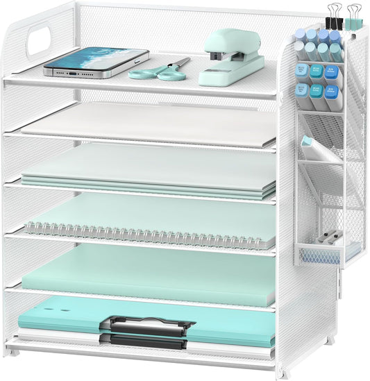 SUPEASY 6 Tier Paper Organizer with 4 Pen Holders, Mesh Letter Tray with Handle, Paper Tray Organizer for A4 Files, White