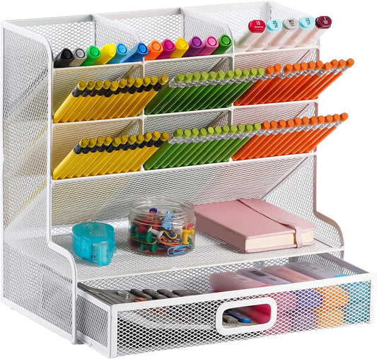 Marbrasse Mesh Desk Organizer - Multi-Functional Pen Holder with Drawer, Desktop Stationary Storage Rack for School, Home, Office, Art Supplies (White Mesh)