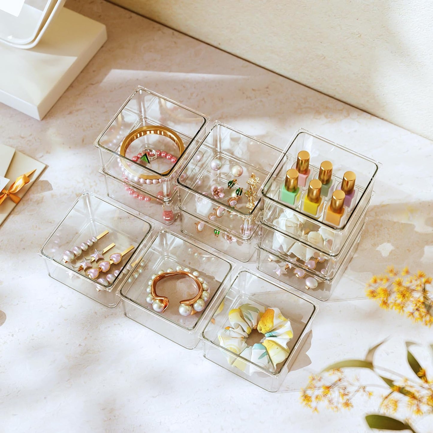 Hudgan 24 Pcs Small Drawer Organizer BinsSet, Stackable Drawer Divider Trays for Makeup Vanity, Bathroom, Office Desk, Straight Sides Tray Perfect for Craft Supplies, Cosmetics