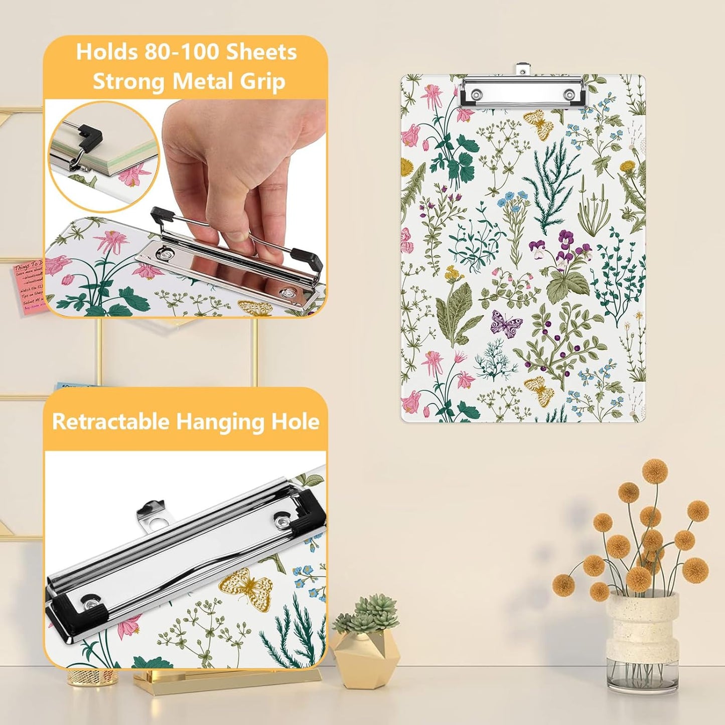 Vintage Floral Clipboard, Plants Herbs Flower Decorative Clip Board with Metal Clip Cute Plastic Clipboards A4 Standard Size 8.5" x 12.5" for Nurses, Students, Office