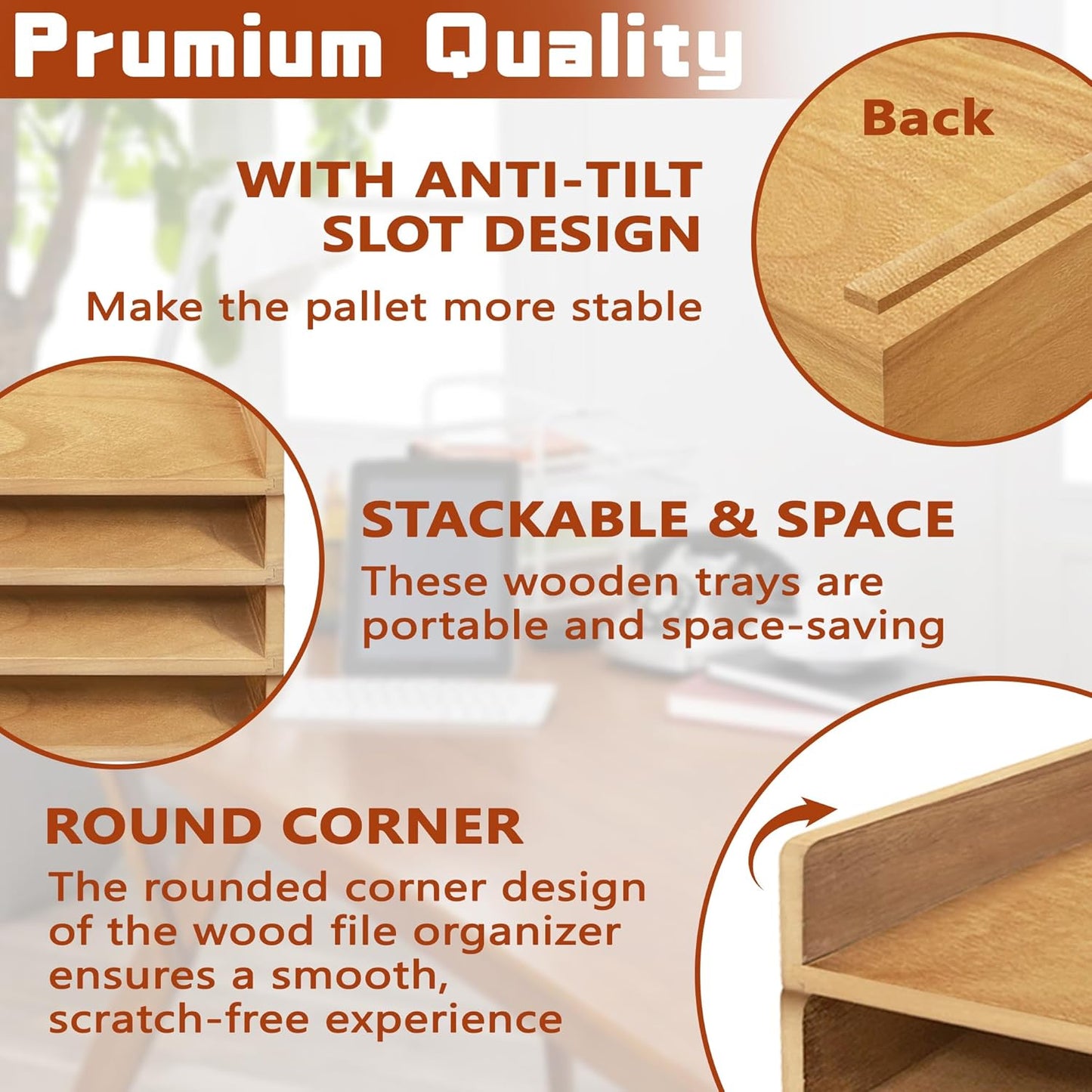 Prolee Stackable Paper Tray,Wooden Paper Organizer for Desk with 4 Letter Trays,Papers Holder and Office Document Organizer Shelf for Mail File Document(Oak,14" x 9.5" x 2.5")