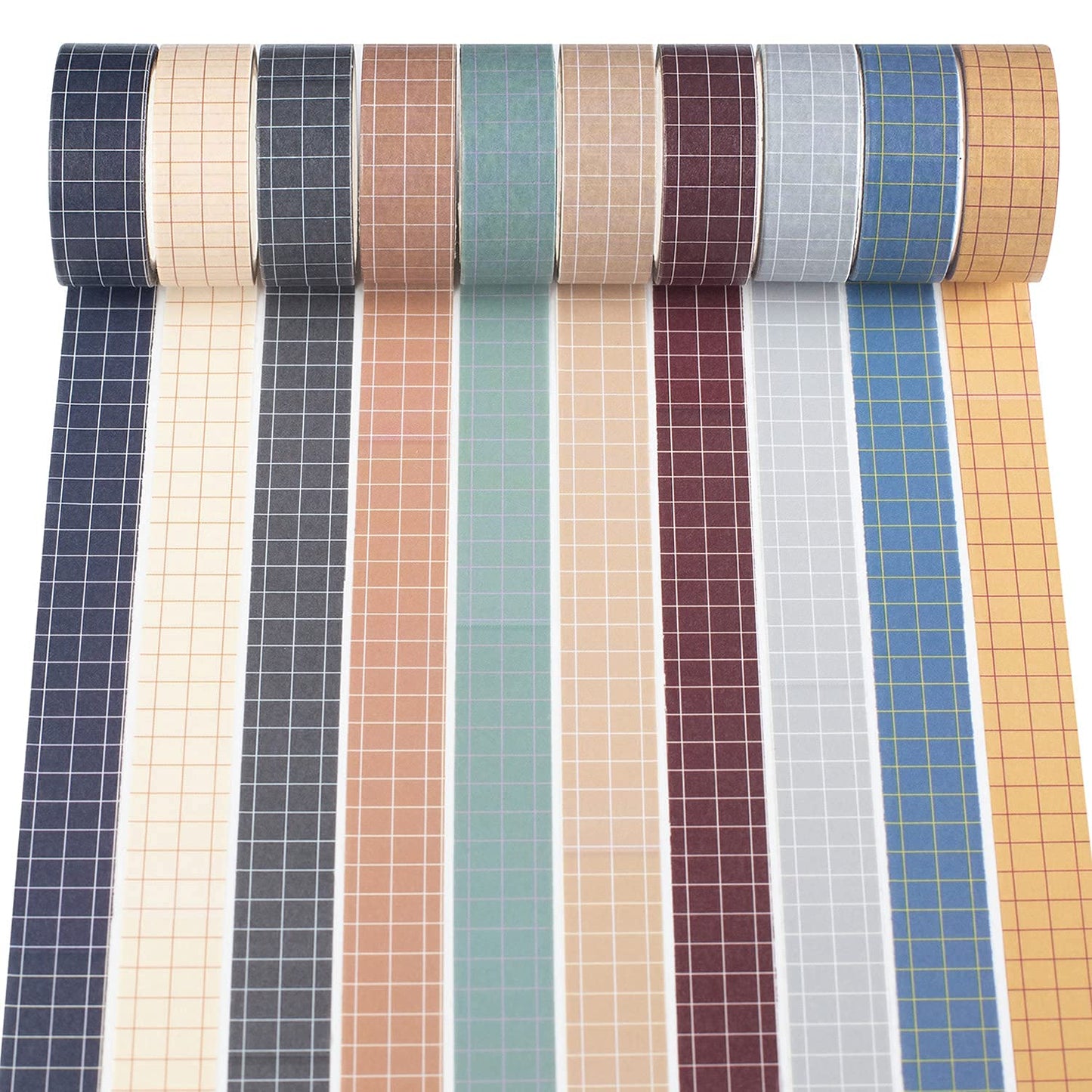 Grid Washi Tape Set 10 Rolls Plaid Decorative Tapes for Journals, Planners, Scrapbooking, Gift Wrapping, DIY Crafts (Fog City)