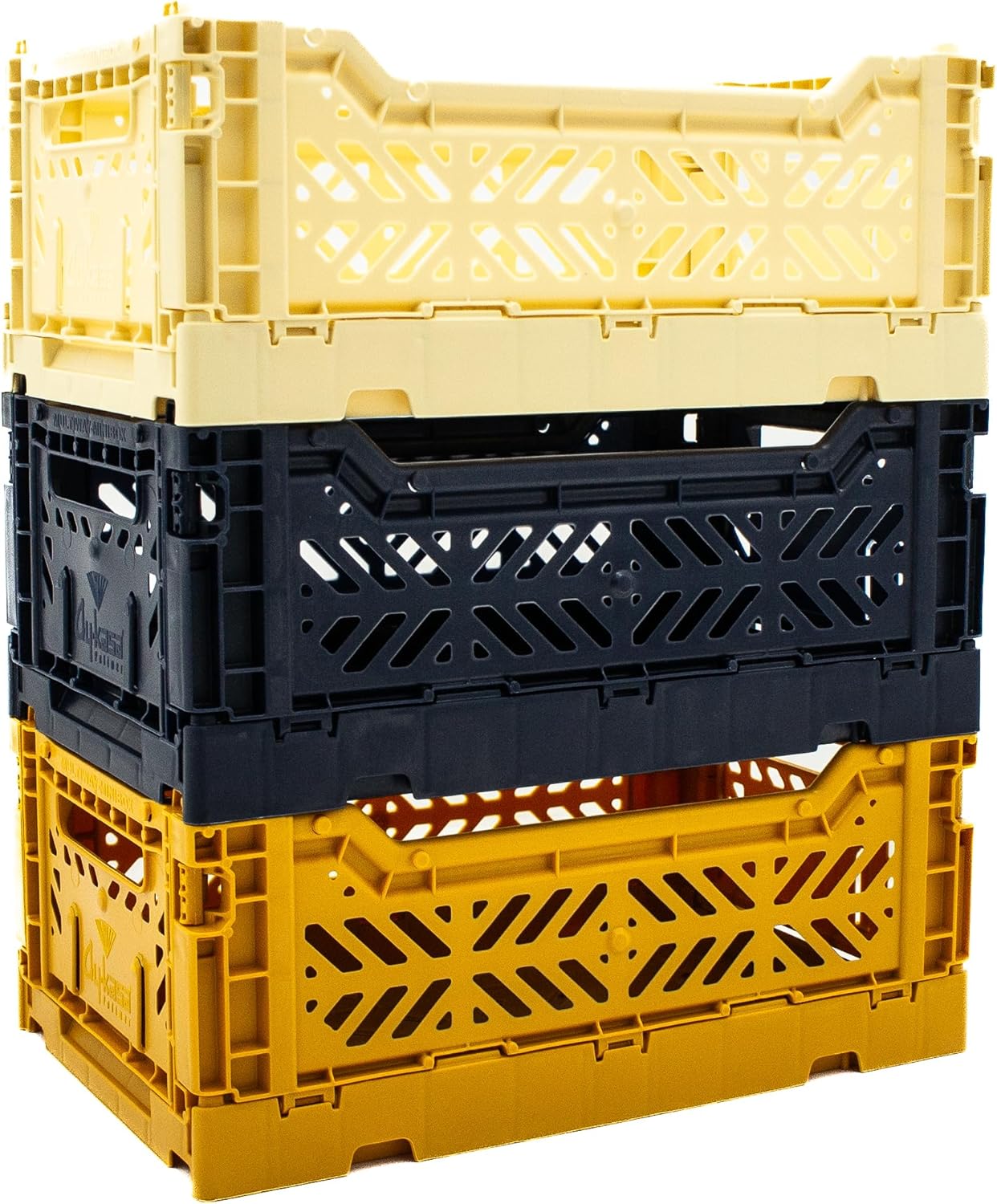 Collapsible Storage Box, Foldable Crate Organizer Bin with Handle, Stackable Crates for Home Organization (Cream-Navy-Mustard, 4L -3-Pack)