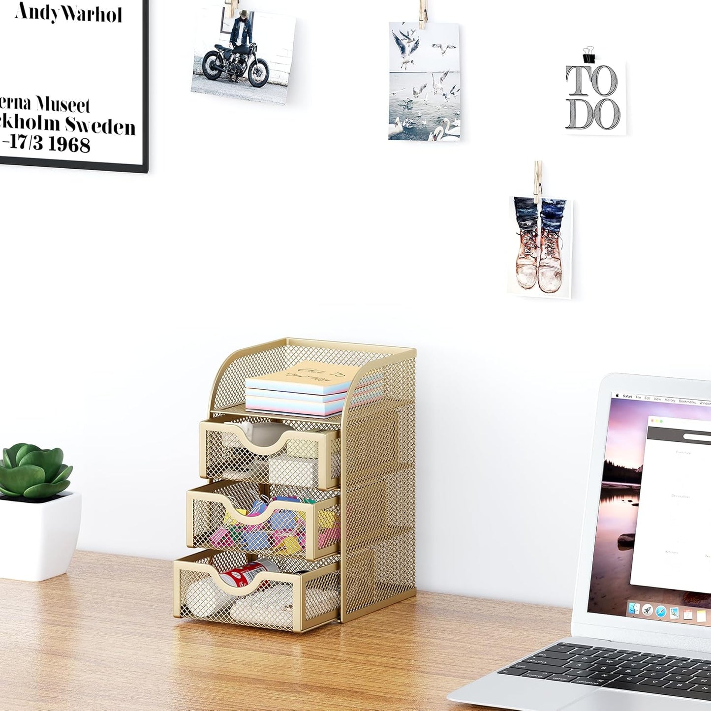 EasyPAG Mesh Desk Organizer with 3 Drawer Office Desktop Organizers and Accessories Stationery Caddy for Office, Home, Students, Gold