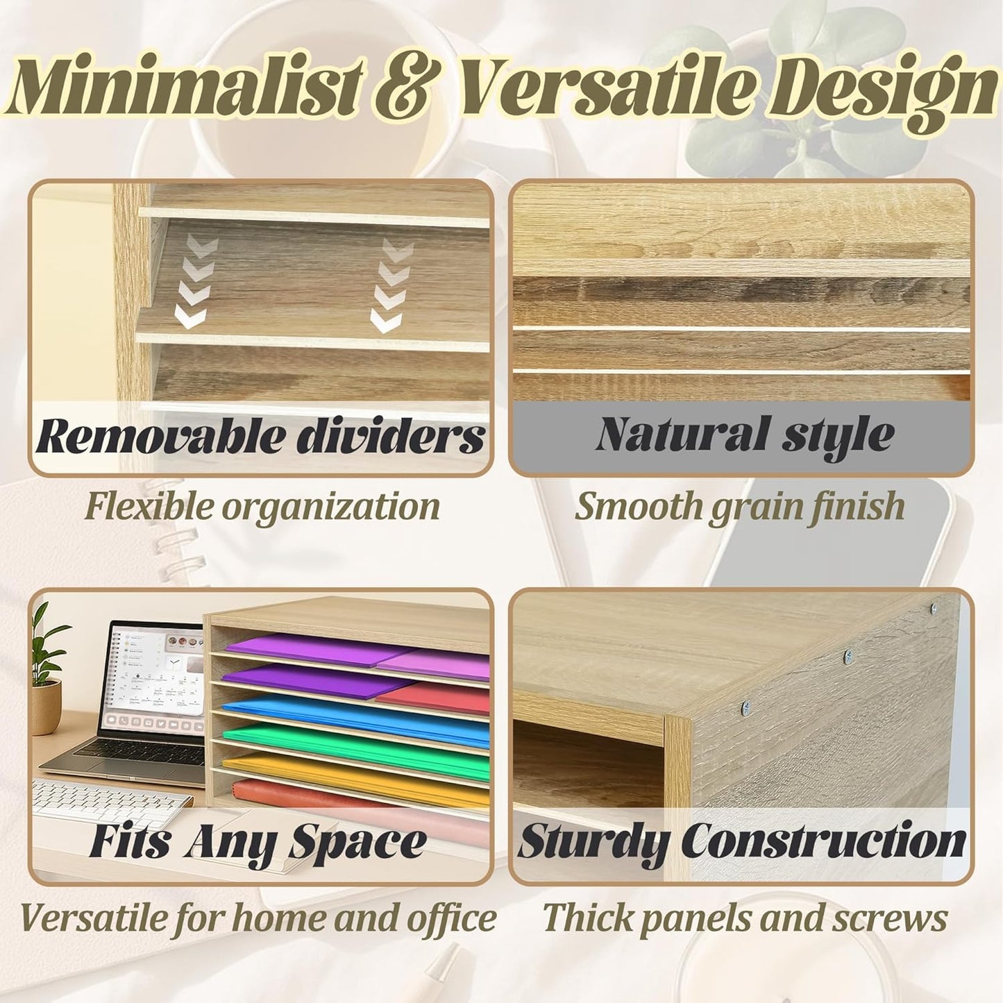 PROLEE Construction Paper Organizer 20" x 13.5" x12.2",Soild Wooden Paper Organizer with 6-Tier Letter Trays, Desktop File Papers Sorter for Home, Classroom and Office (White Oak)