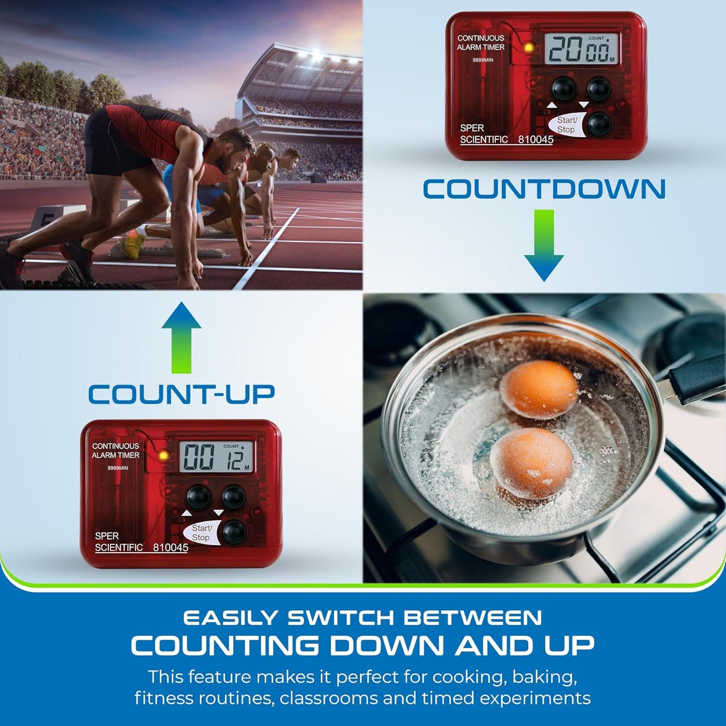 Sper Scientific Continuous Alarm Timer with Count Up Count Down & Visual Indicator 810045 - Bright LED Alarm & 9999-Minute Range - Portable Design for Cooking, Experiments, Fitness & More - 2 pc