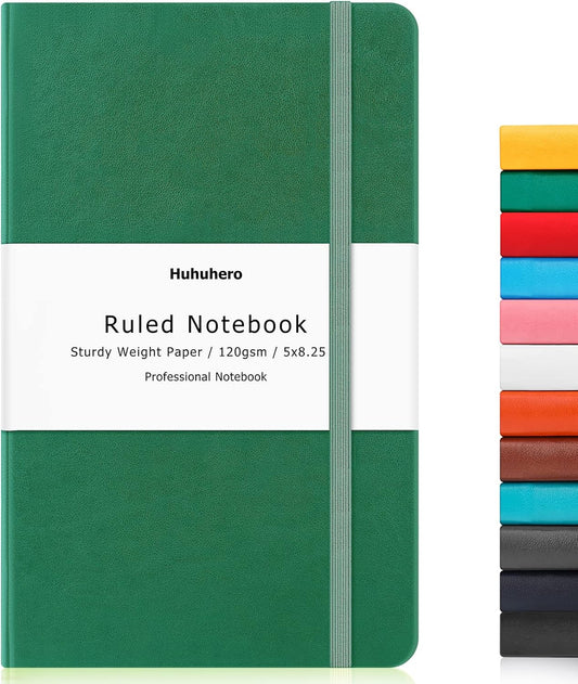 Huhuhero Notebook Journal, Lined Ruled Journal, Hardcover 120Gsm Premium Thick Paper with Faux Leather Notebook for Journaling Writing Note Taking Office School Supplies 5"×8.25" (1, Green)