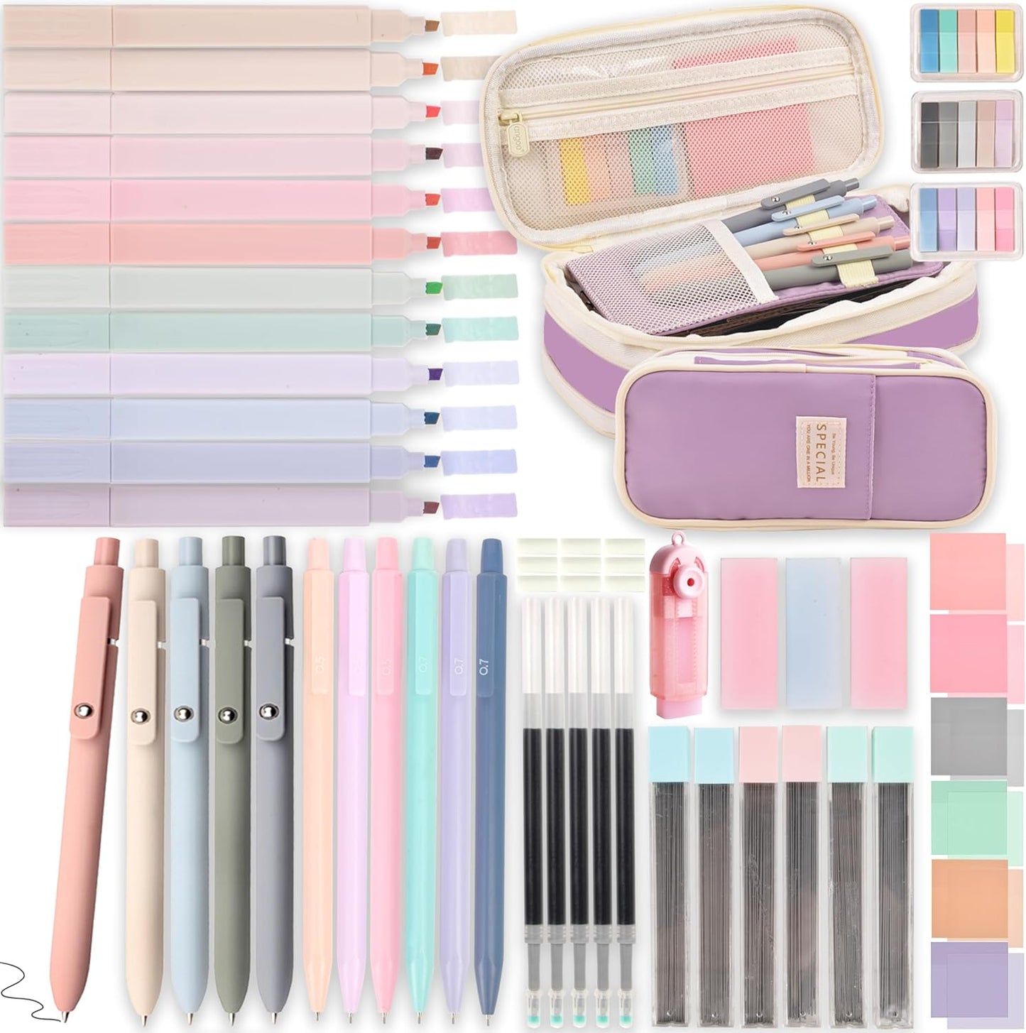Aesthetic School Supplies with Pencil Pouch - 57 Pcs Cute College Essentials Set, Big Capacity Pen Case, Eraser Holder, Pastel Highlighters, Bible Study Journaling Stationary Kit for Girls Teens
