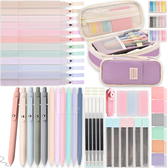 Aesthetic School Supplies with Pencil Pouch - 57 Pcs Cute College Essentials Set, Big Capacity Pen Case, Eraser Holder, Pastel Highlighters, Bible Study Journaling Stationary Kit for Girls Teens