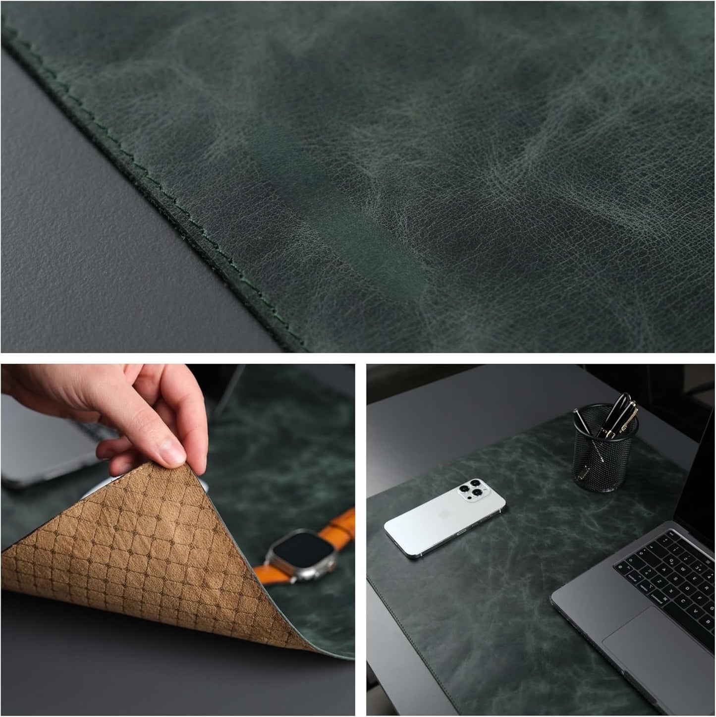Jersey Genuine Calfskin Leather Desk Pad, Office Desk Mat with Non-Slip Bottom, Smooth Surface for Mouse & Keyboard, Desk Protector (36x19 inches) (Dark Green)