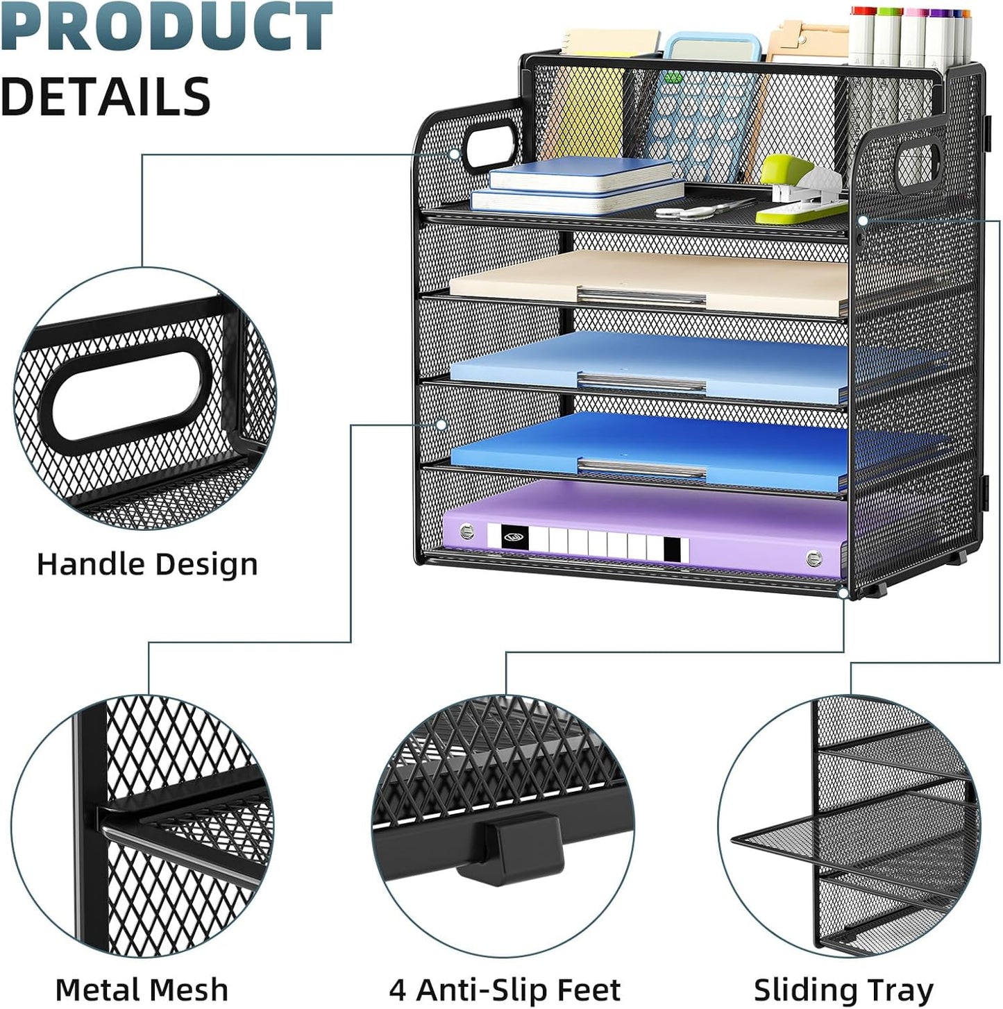 Marbrasse 5 Tier Paper Organizer with 3 Pen Holders, Mesh Desk File Organizers with Handle, Paper Sorter Desk Organizer for Home Office Supplies(Black)