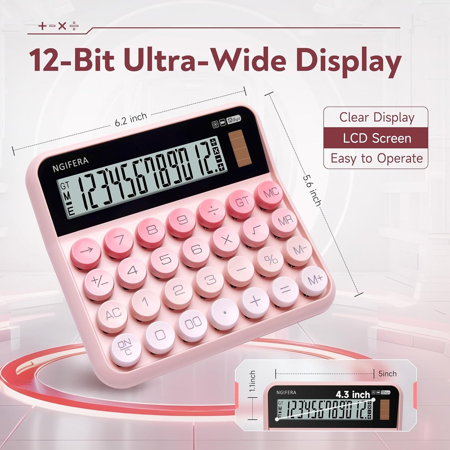 Mechanical Calculator,12 Digits, Large LCD Display,Big Buttons,Solar and Battery Dual Power Mechanical Keyboard Desktop Pink Calculators,Cute and Aesthetic (Pink, Large)