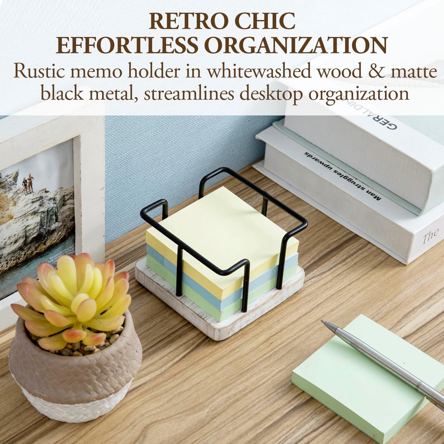 MyGift Shabby Whitewashed Solid Wood and Industrial Matte Black Metal Wire Sticky Note Cube Holder, Office Desktop Self Adhesive Memo Pad Storage Dispenser