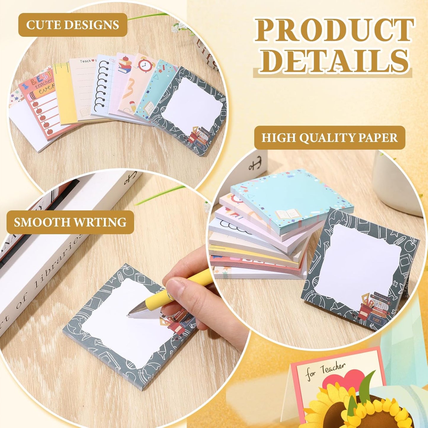9 Pads Teacher Sticky Notes 3x3 Inch Cute Self Stick Notepads Notes Adhesive Memo Pad Office Decor Gifts for Students School Teacher Meeting Office Supplies