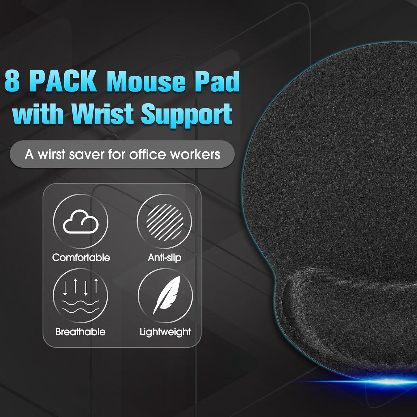 Yunsailing 8 Pack Ergonomic Mouse Pad with Wrist Rest Support Gel Memory Foam Mousepad Comfortable Computer Pad for Pain Relief(Black)