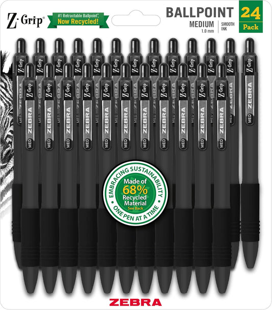 Zebra Pen Z-Grip Recycled Retractable Ballpoint Pens,1.0mm, Black Ink, Durable Metal Clip, 68% Recycled (GRS Certified; Global Recycled Standards), 24-Pack (20314)